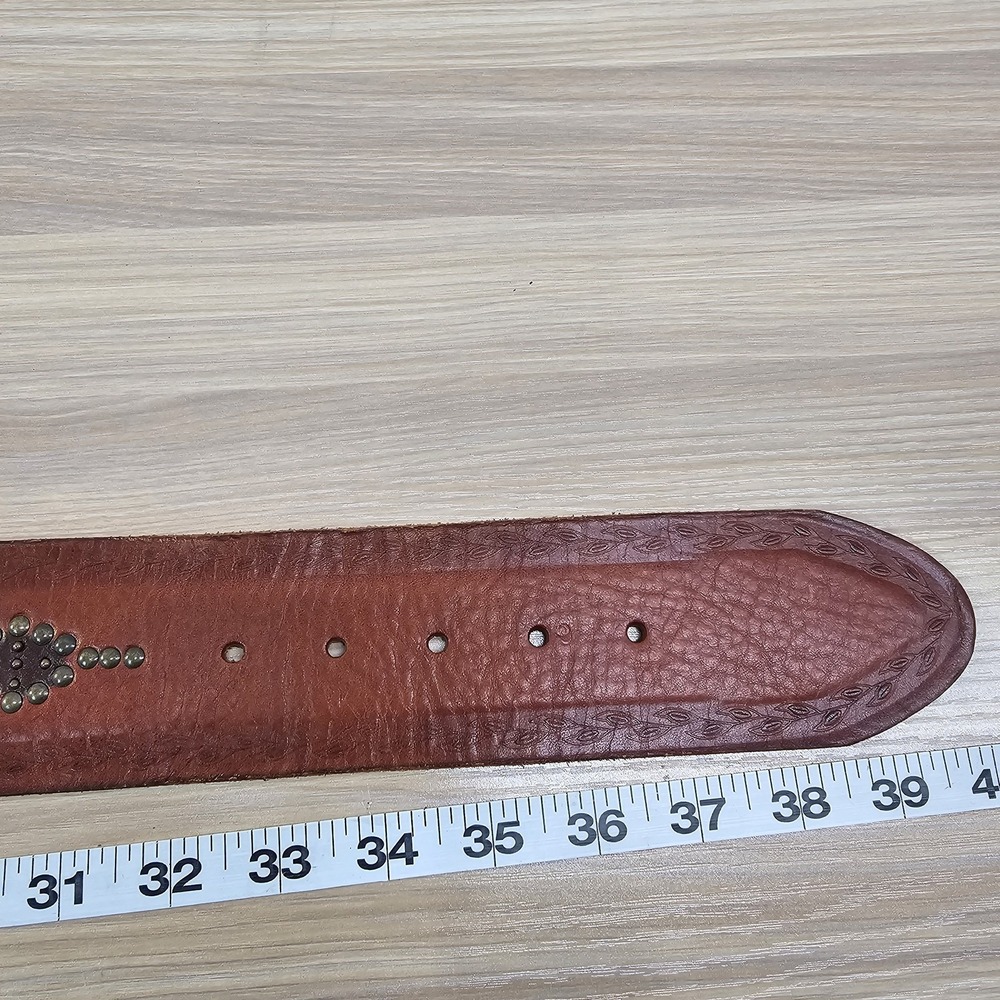 Western Boho Waist Belt Women M Brown FOSSIL Studded Tooled Leather Brass Buckle - Picture 6 of 13